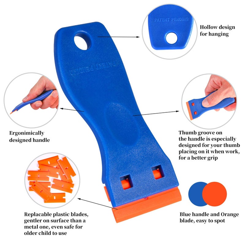 DEKEones Plastic Razor Blade Scraper, 2 Pack Razor Scraper with 120 Pcs Razor Blades for Removing Glue, Sticker, Decals, Tint from Car Window and Glass(Blue) - Image 2